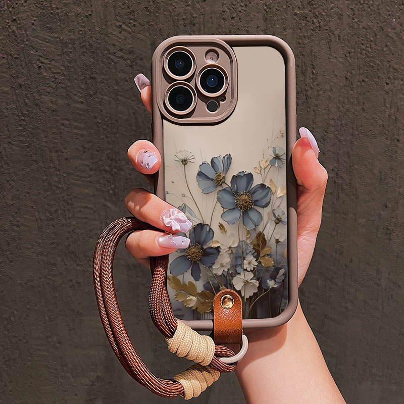 Phone Cases With Straps - Mavi Çiçekli Kordon Askılı Telefon Kılıfı