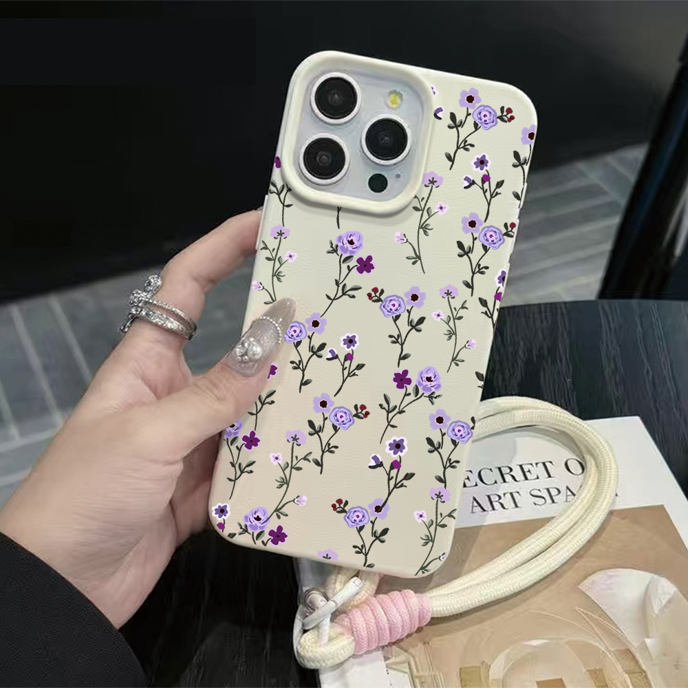Phone Cases With Straps - İnce Dallı Mor Çiçek Desenli Askılı