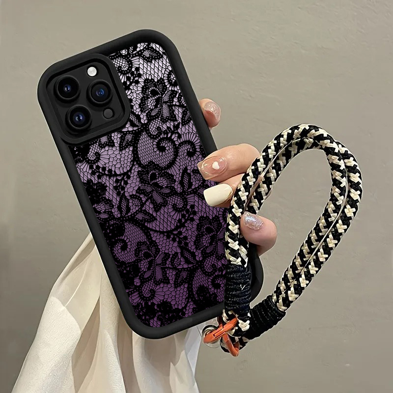Phone Cases With Straps - Siyah Mor Dantel Askılı Telefon Kılıfı