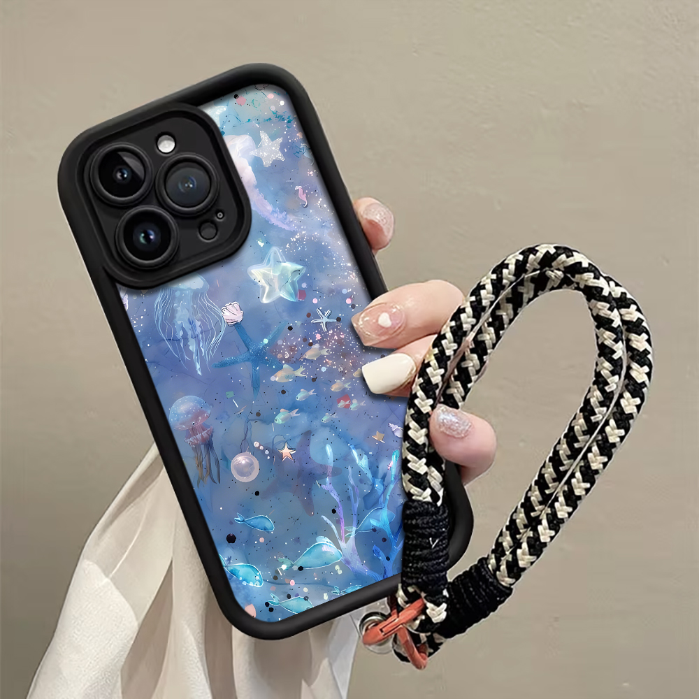 Phone Cases With Straps - Mavi Mor Denizanası Askılı İp Telefon
