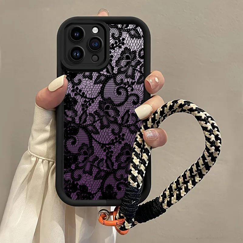 Phone Cases With Straps - Siyah Mor Dantel Askılı Telefon Kılıfı