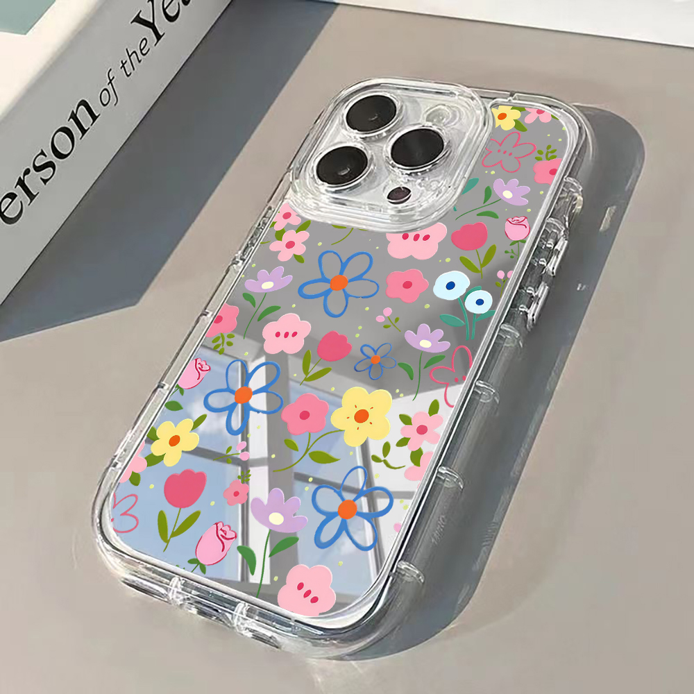 Phone Cases Xr - Kore Tarzı Çiçek Desenli Gümüş Aynalı
